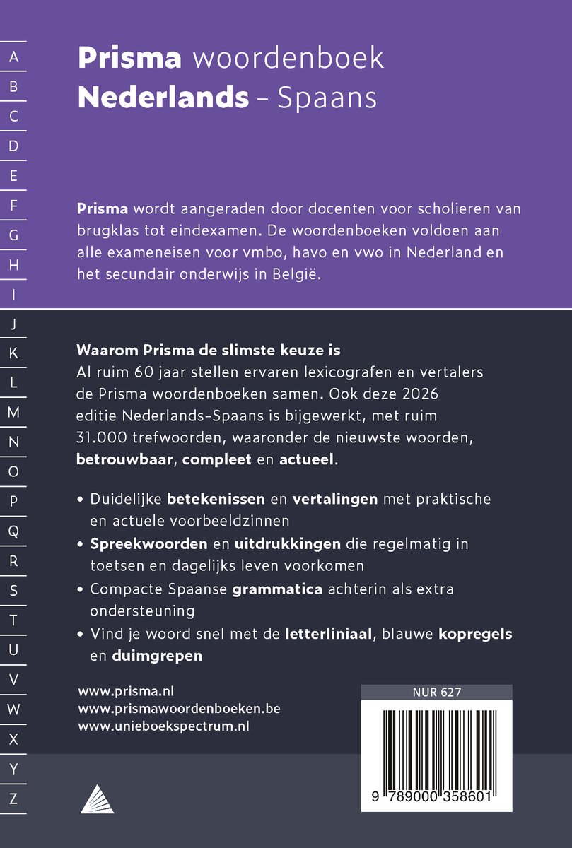 Achterkant van het Prisma woordenboek Nederlands-Spaans met tekst en barcode.