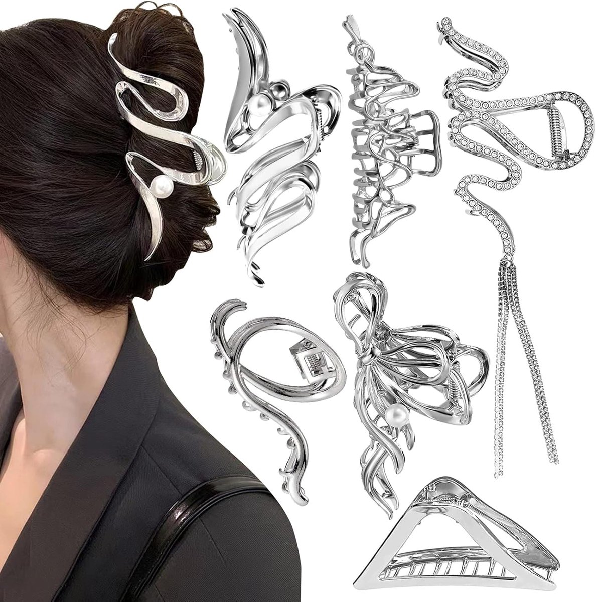 Klemmen voor Dames, Zilveren Haarclip Metaal, Antislip Haarspelden, Klemclip, Haaraccessoires voor Lang Krullend, Dik en Dun Haar (Zilver)