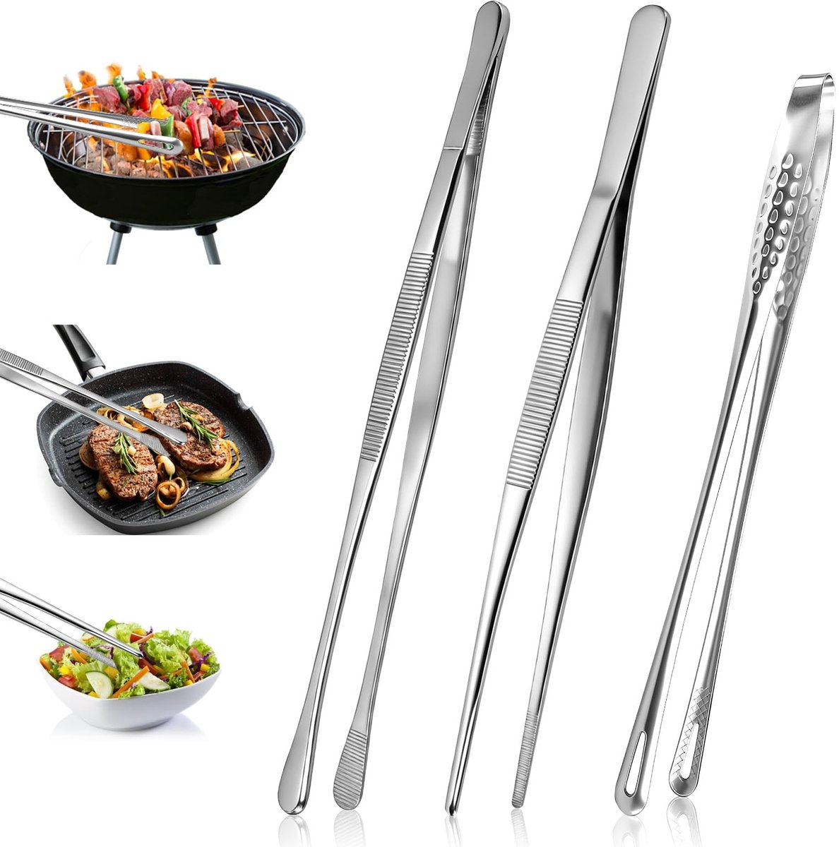 3 stuks roestvrijstalen professionele keukenpincet, grillpincet, vleespincet, lange pincet voor koken, grillen, eten, serveren - 30 cm en 28 cm