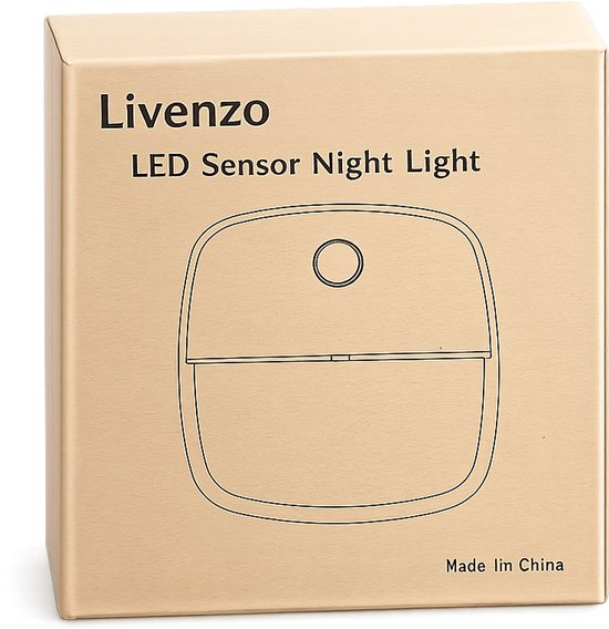 De verpakking van een Livenzo LED Sensor Night Light, met een tekening van het lampje.
