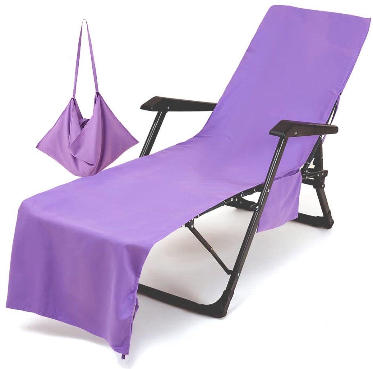 Draagbare effen kleur strandlaken, strandstoel hoes handdoek, ligstoel strandlaken met zakken, microfiber chaise longue handdoek hoes voor zomer buiten tuin zwembad vakantie reizen (paars)