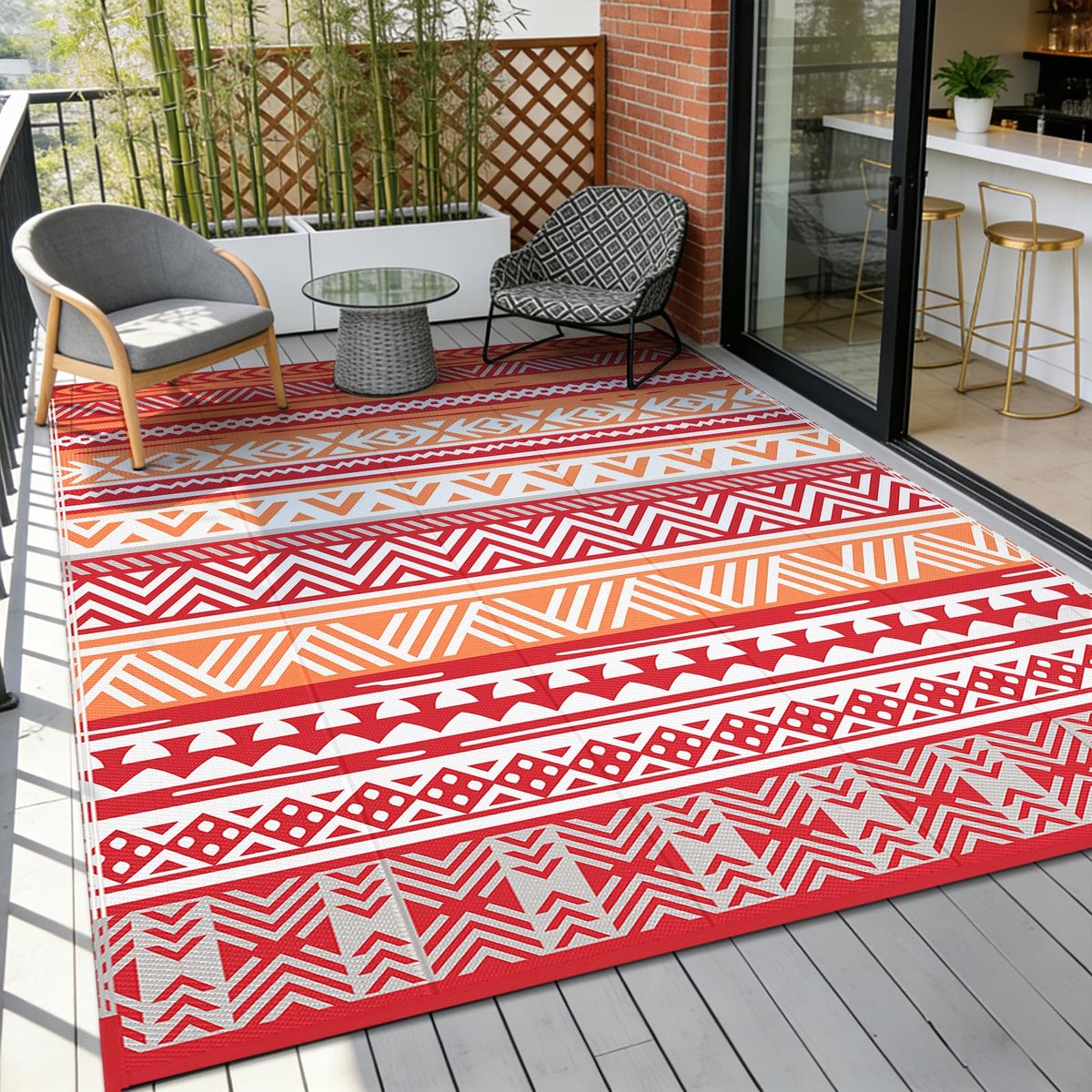 Groot, plastic omkeerbaar buitentapijt, vloermat, waterdicht, opvouwbaar, picknickdeken, camper, camping, tuin, balkon, indoortapijt, terrastapijt, oranje, 240 x 300 cm