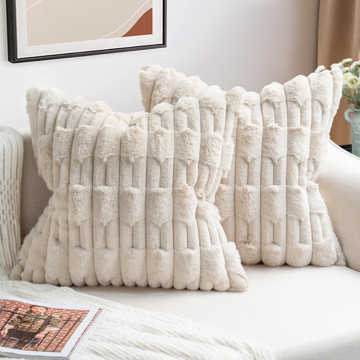 2 beige kussenhoezen, 50 x 50 cm, kunstbont, pluche, zachte kussenhoezen, wollig, sierkussen, modern, decoratie voor woonkamer, bank, slaapkamer, auto, decoratie, bankkussen, 50 x 50 cm
