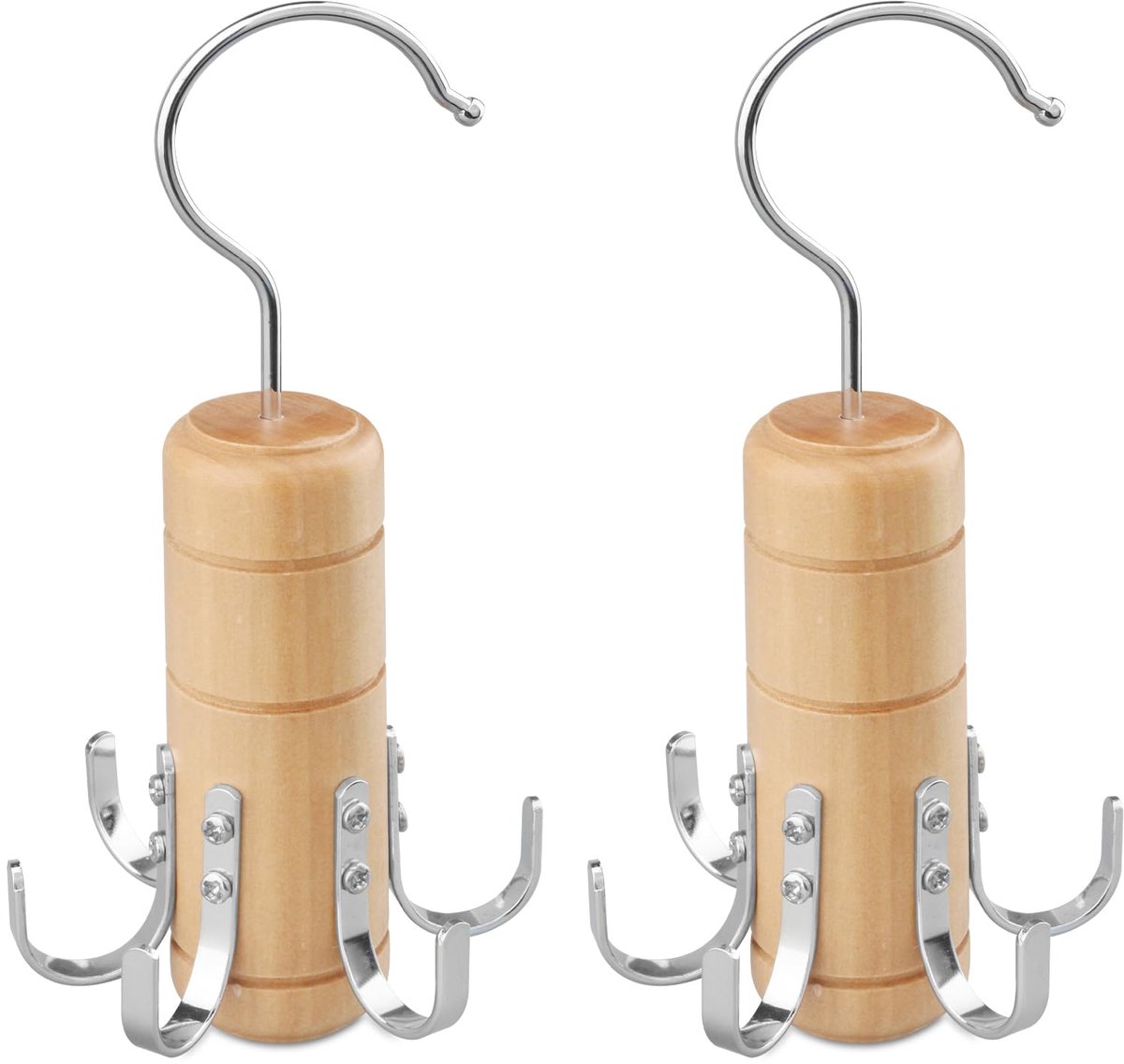 2 stuks houten riemhanger, 6 haken sjaal stropdas rek, kast accessoires organizer, 360 graden draaibaar (houtkleur)