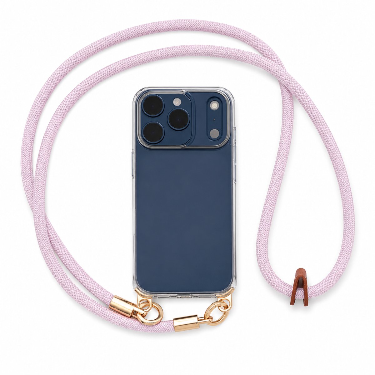 iPhone 17 Pro Max Hoesje met Luxe Telefoonkoord – Transparante Case met Crossbody Lanyard – Fashion Telefoonkoord Dames – Dubbele Gouden Bevestiging – Inclusief Adapter – Roze Paars