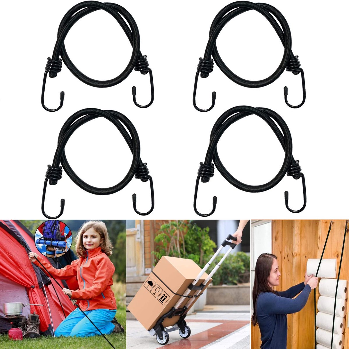 Bungee Koorden met Haken, 4 stuks 60 cm Snelbinders Bagagespanner Rekbaar en Scheurvast Weerbestendig UV-bestendige Bungeekoord voor Bagage Dakdragers Camping Zonnezeil Tarps