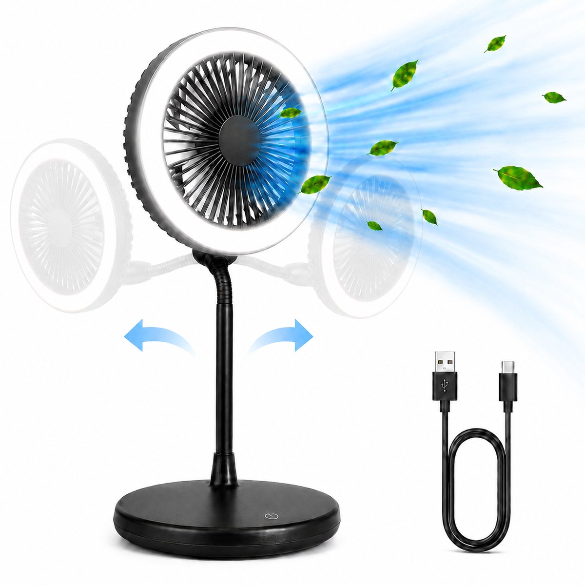 Tafelventilator met LED Licht - Bureauventilator met Verlichting - 3 Snelheden - Statief Ventilator met Flexibele Kop - Fan with LED Light - Mini Fan - Ventilator Staand met Draad - Desk Ventilator - Kleine Airco Verkoeler - Zwart - Sivlergear