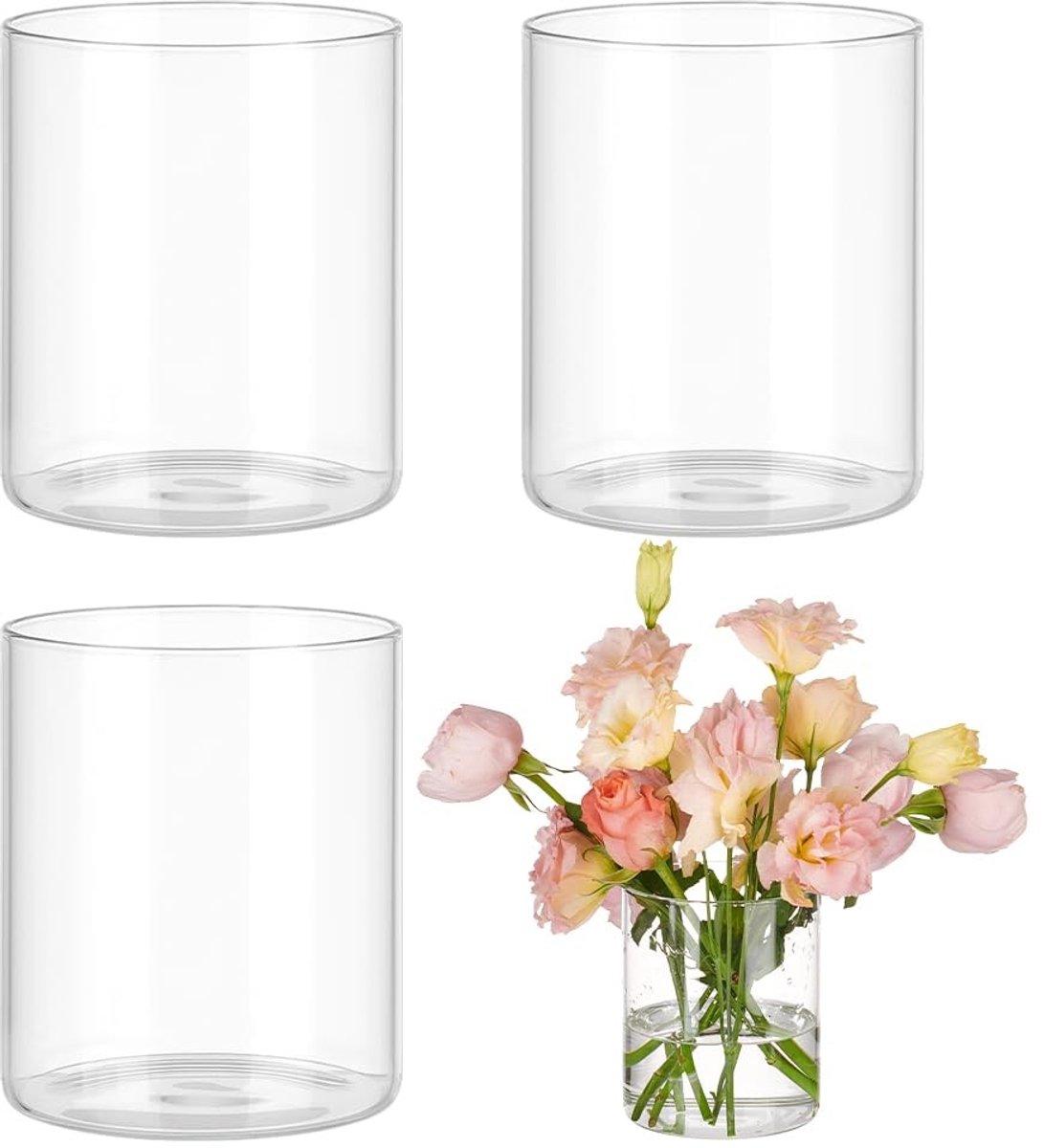 Dailygoods- Bloemenvazen 12 cm - Glazen Cilindervazen - Set van 4 - Transparante Vazen - Decoratie voor Restaurants/Huizen - Minimalistische Look - Decoratievazen