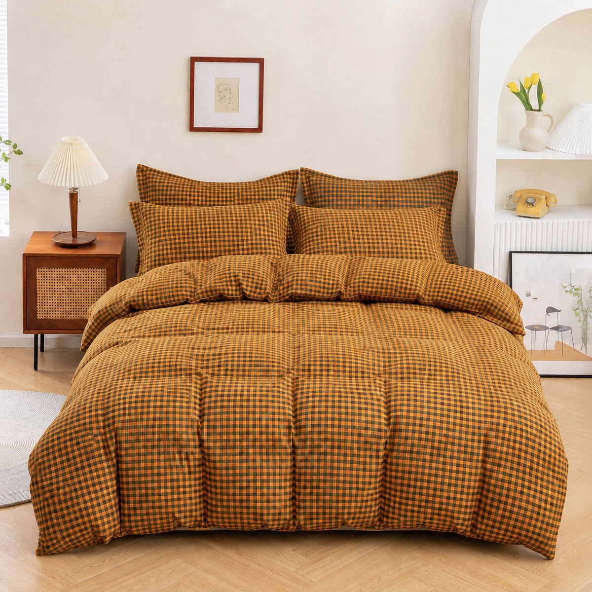 MeiLun Home Soft Living Beddengoedset 4-delig – 160 x 200 cm Hoeslaken – Caramel Check – 100% Gewassen Katoen – incl. Dekbedovertrek, Hoeslaken, 2 Kussensloop + Gratis Hoofdkussen
