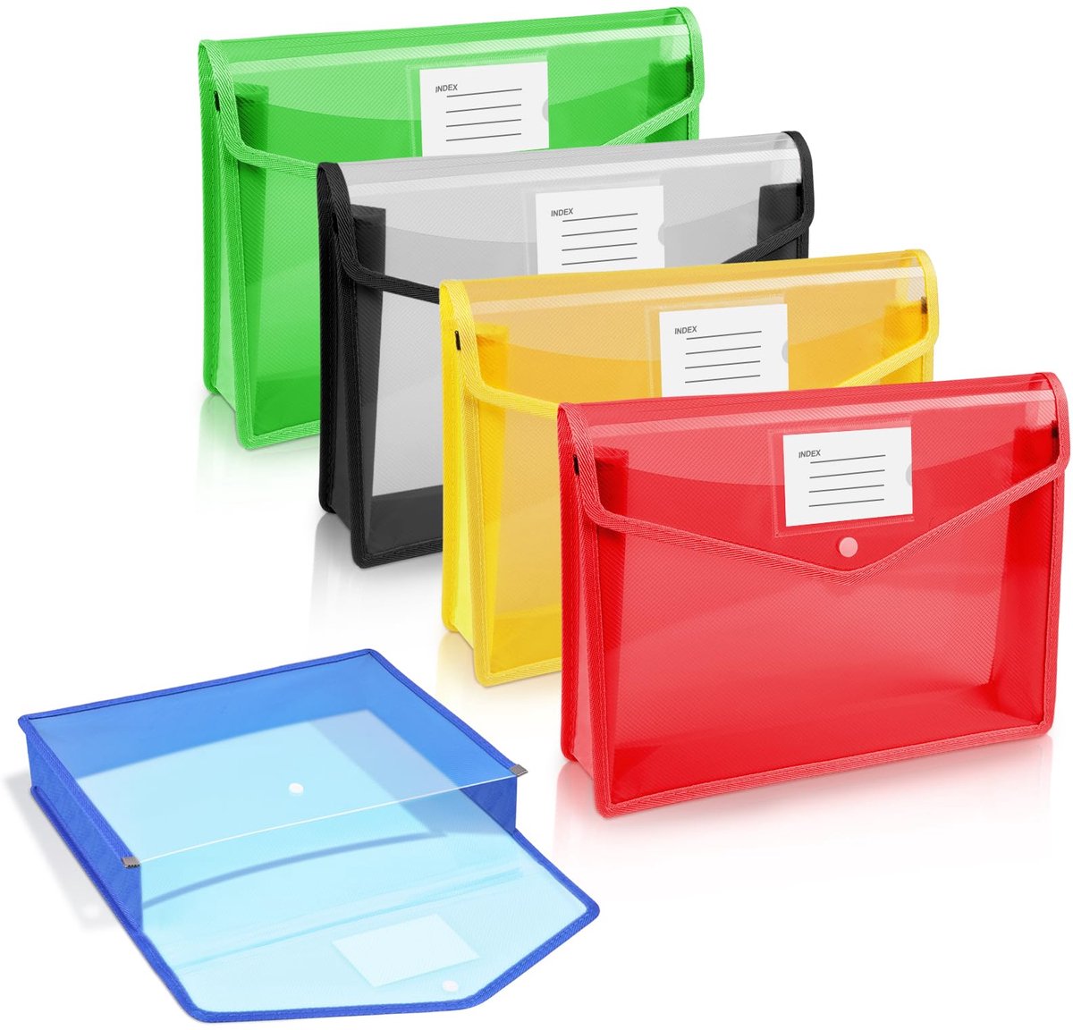 A5 plastic mappen, 5 stuks Horizontaal kader plastic document, bestanden envelop voor school, kantoor, met kliksluiting en kaartsleuf (Blauw, geel, rood, groen, wit)