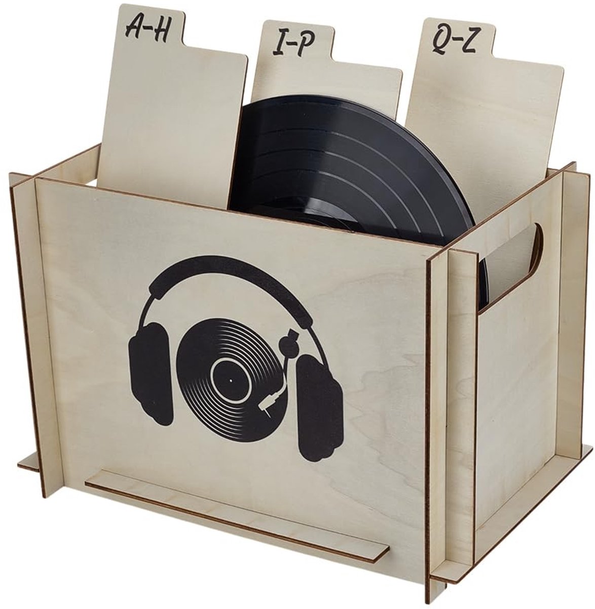 Dailygoods- Opbergdoos voor Vinylplaten - Houten Platenhouder - 25,5 x 23,5 x 35 cm - Geperforeerde Handgrepen - Elegant Design - Klassieke Stijl