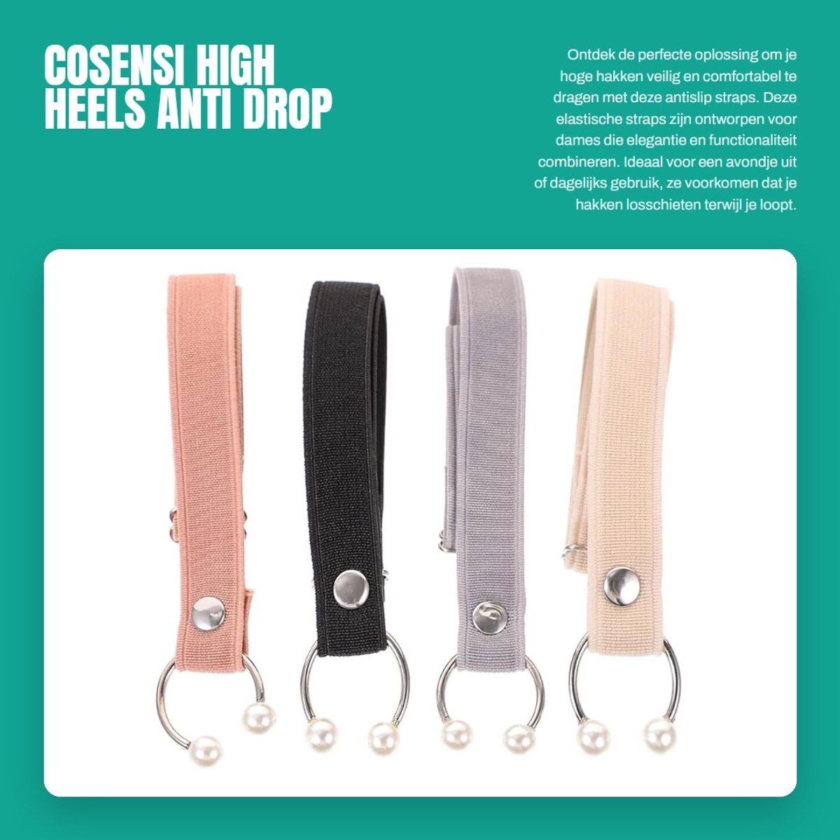 Dailygoods- Hakken Antislip - Hakken voor Dames - Hakken met Enkelbandje - Hakken met Parels - Hakken Set van 4 - Elastische Schoenbanden - Schoenbandjes