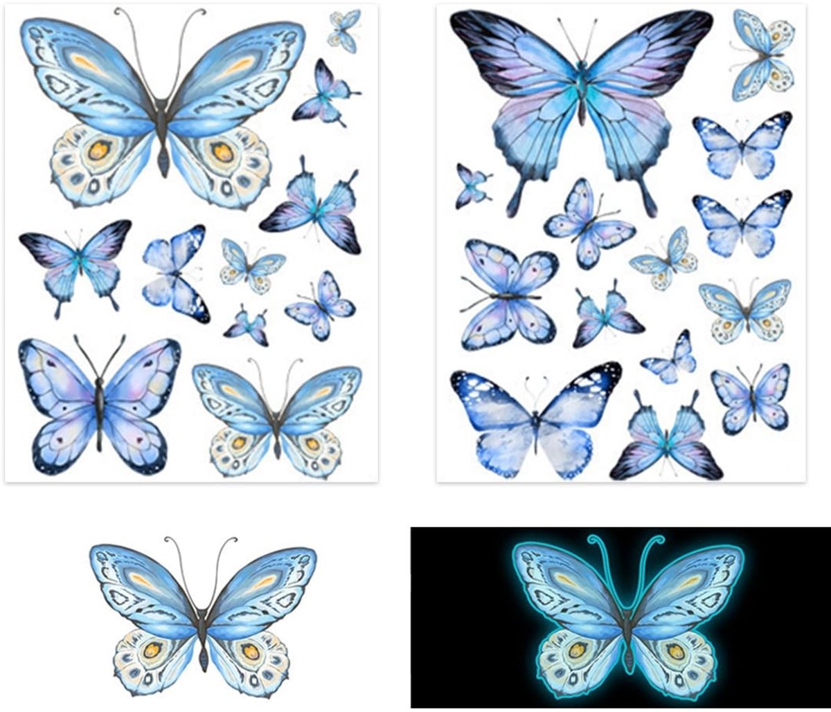 Dailygoods - Baby muursticker, twee glinsterende blauwe vlinder-muurstickers met fluorescerende ontwerpen, ideaal voor woonkamer, slaapkamer en meisjeskamer