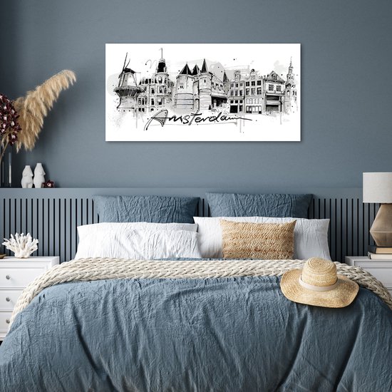 Paysage urbain monochrome d'Amsterdam avec moulin à vent et maisons de canal, avec le mot 'Amsterdam' en calligraphie élégante.