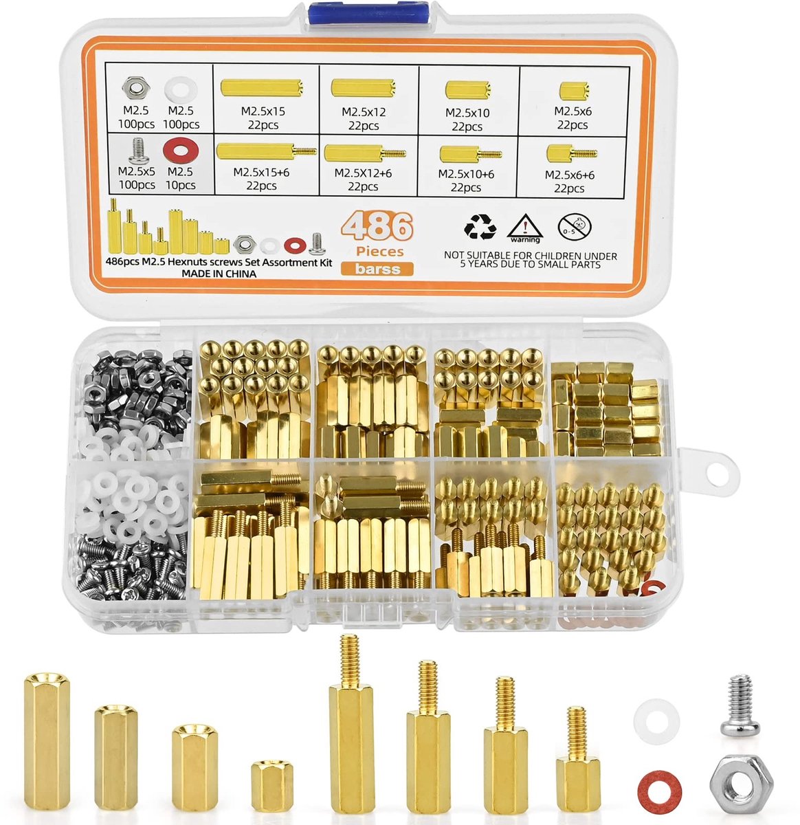 Dailygoods- Afstandhouders 486 stuks - Moederbord afstandhouderset - M2,5 schroeven - M2,5 moeren - Opbergdoos - Assortiment van hex afstandshulzen - Afstandshouderset