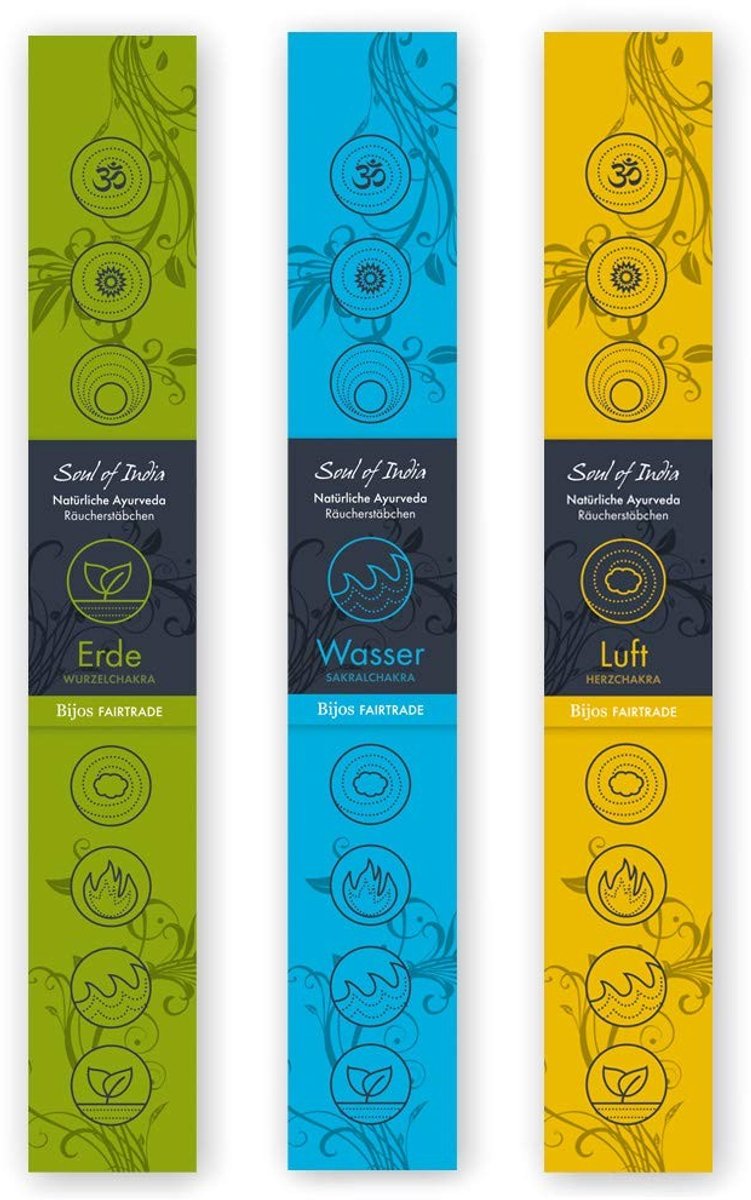 Dailygoods- Wierookstokjes 3-delige set - Aarde/Lucht/Water - Fair Trade - Chakra ingrediënten - 14 stokjes per verpakking - Voor een positieve sfeer - Wierook