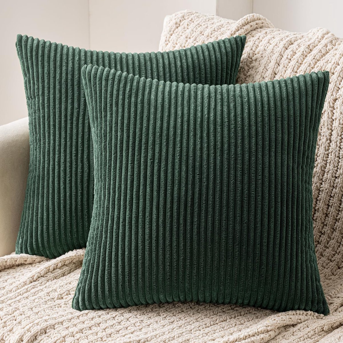 kussenhoezen, 2 stuks, corduroy, decoratieve kussensloop, bankkussen, sierkussen, decoratieve kussenhoes met verborgen ritssluiting, 50 x 50 cm, donkergroen
