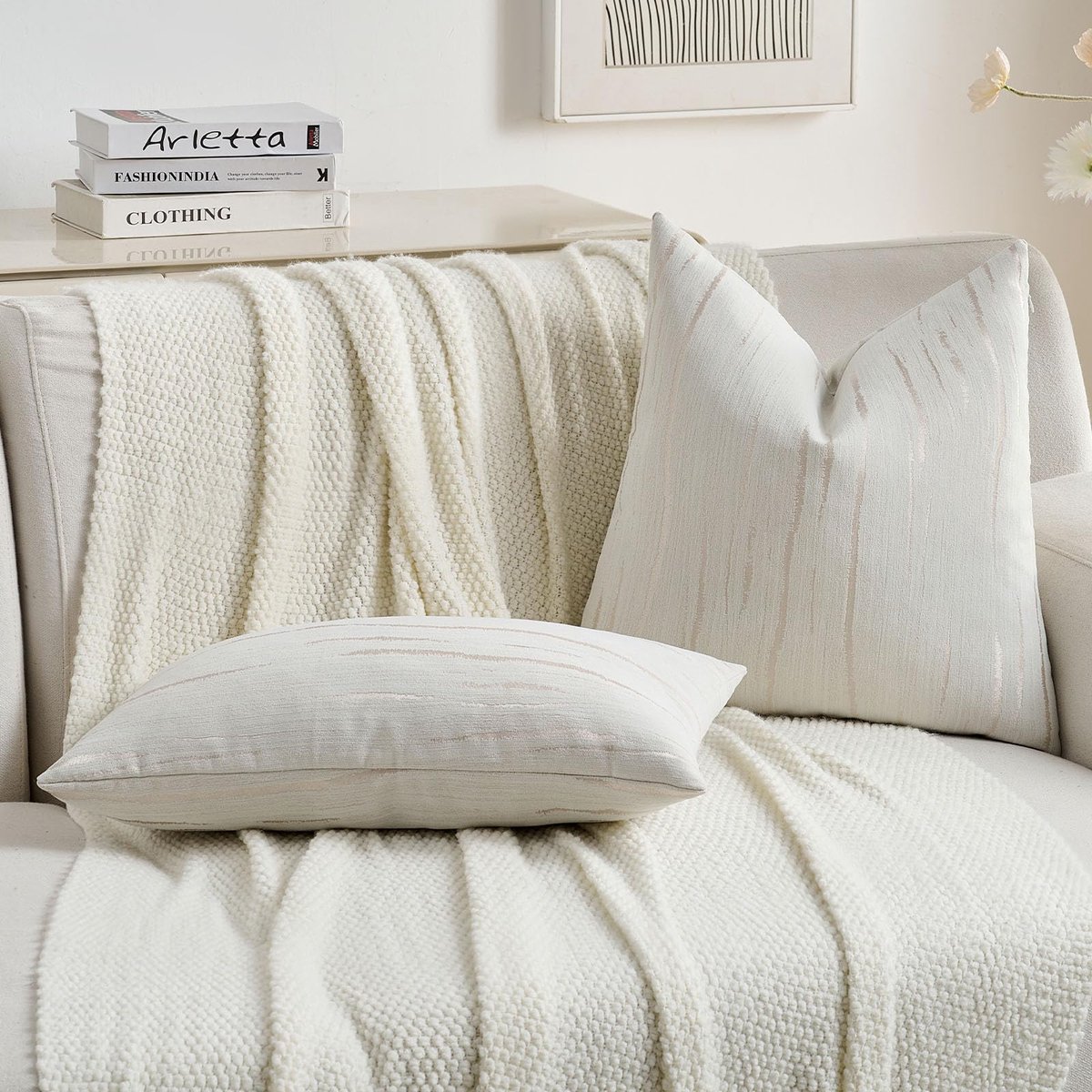 Sofa Kussenhoezen 45x45, Set van 2 Chenille Sofa Kussens, Zachte Kussenhoes met Reliëf en Gestreepte Textuur, Luxe Decoratief Kussen voor Sofa, Bed en Woondecoratie, Crème