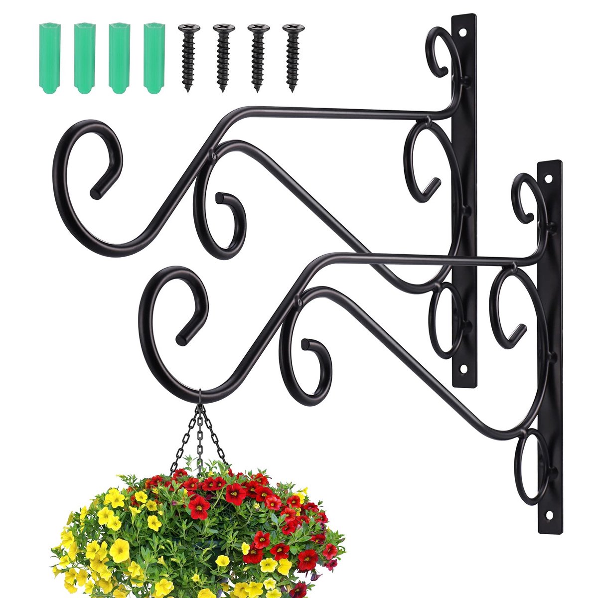2 stuks metalen bloempothouder, stevige haak voor hangende bloempot, zwarte elegante eenvoudige bloempothouder, wandhouder, geschikt voor tuindecoratie, bloempotten