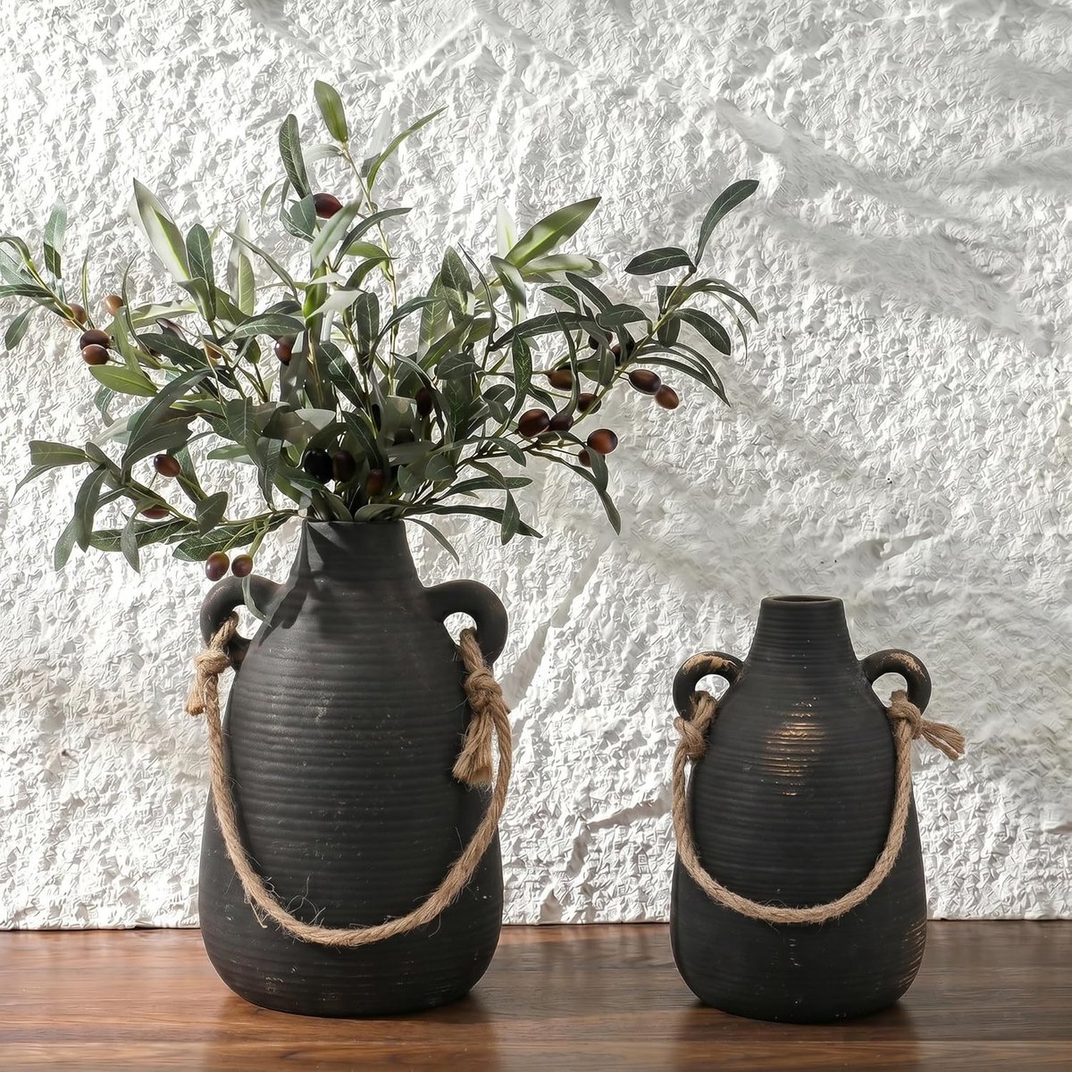 Set van 2 Decoratieve Zwarte Keramische Vazen, Rustieke Terracotta Vazen voor Woondecoratie, Vintage Vazen voor Woonkamer, Keuken en Slaapkamer