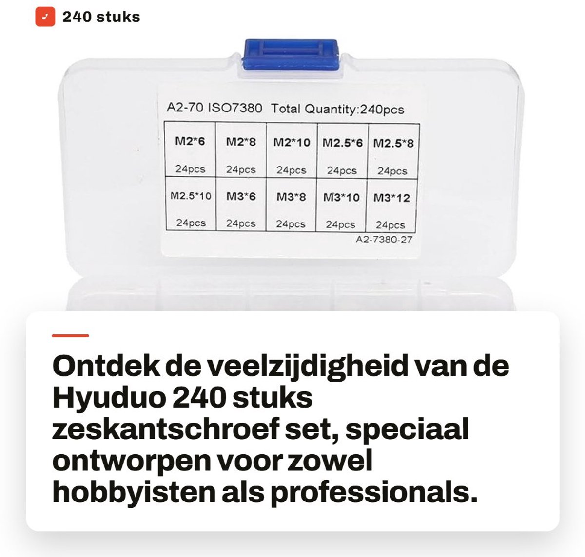 Dailygoods- Zeskantschroef 240 Stuks - Roestvrij Staal - Inbusbouten - Zeskantmoeren - Kunststof Opbergdoos - Corrosiebestendig - Inbusbout