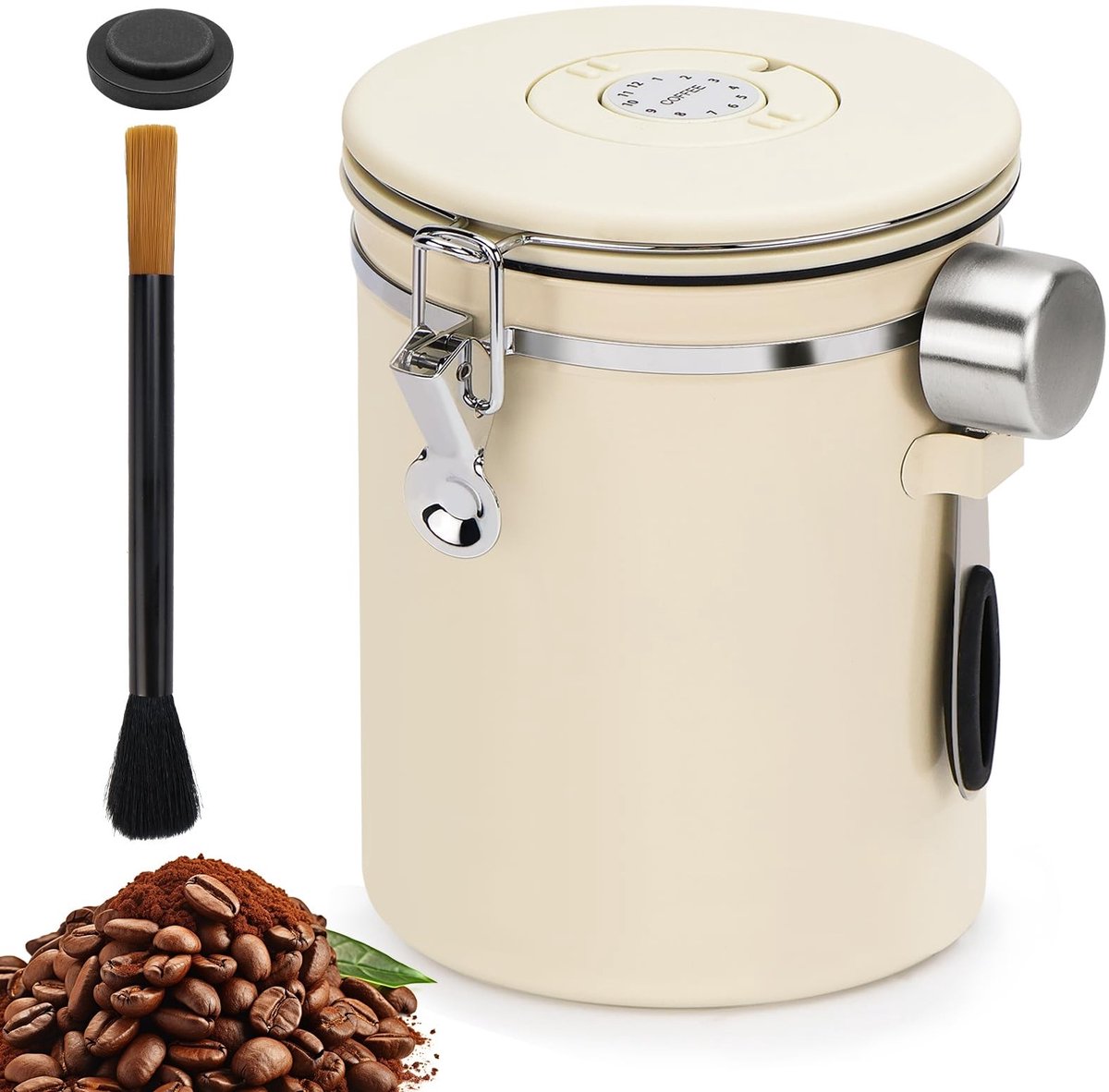 Dailygoods - Koffieblik luchtdicht behoudenskoffiebonen 2,8 l uit roestvrij staal koffiecontainer met afvoerklep, datumweergave, maatlepel en borstel voor koffiebonen, cacao, noten enz