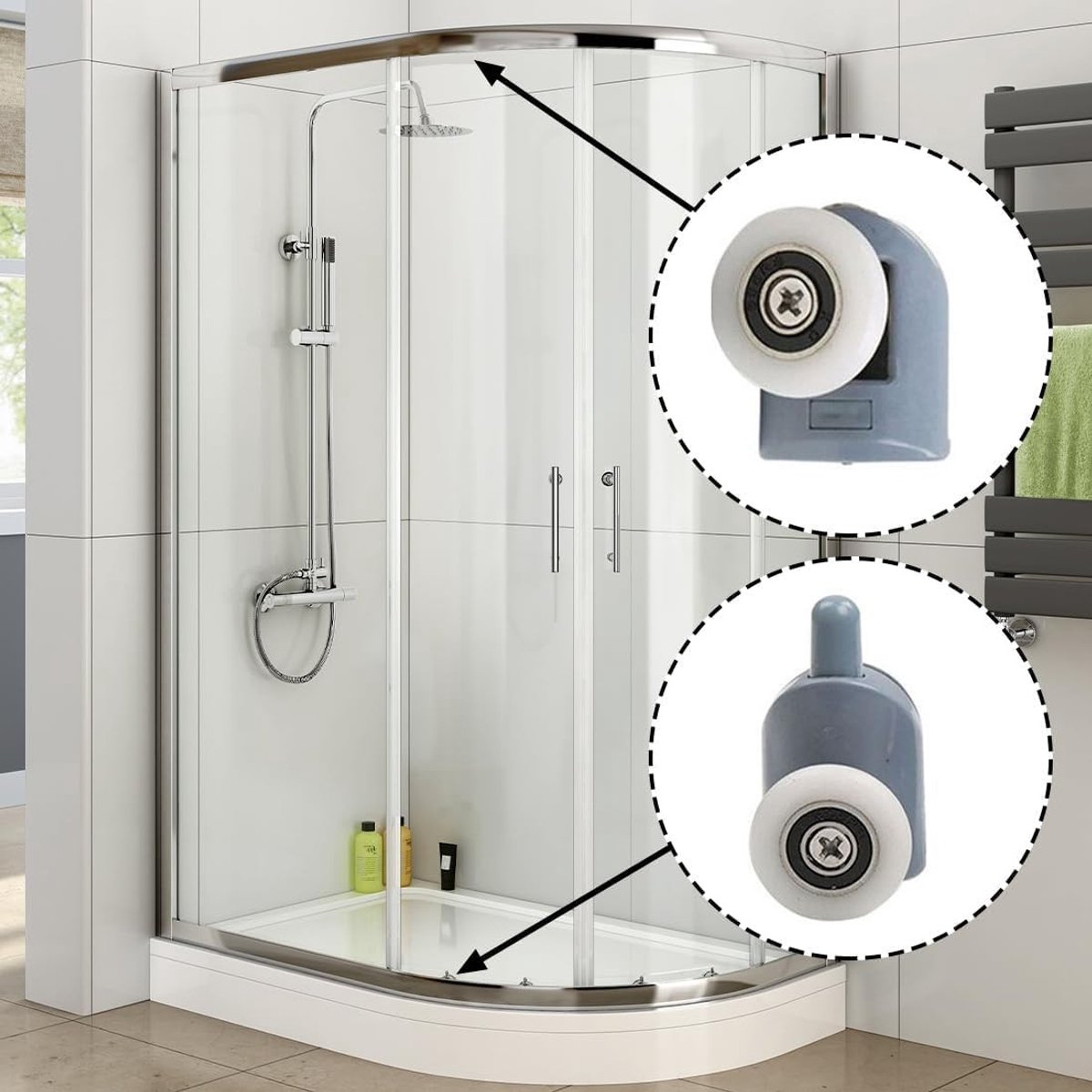 Dailygoods- Douchedeurrollers 100% Gloednieuw - Enkel/Dubbel Wiel - Kunststof/Nylon - 304 Roestvrij Staal - 8 Stuks - Wielmaat 25 x 5 mm - Douchedeurwielen