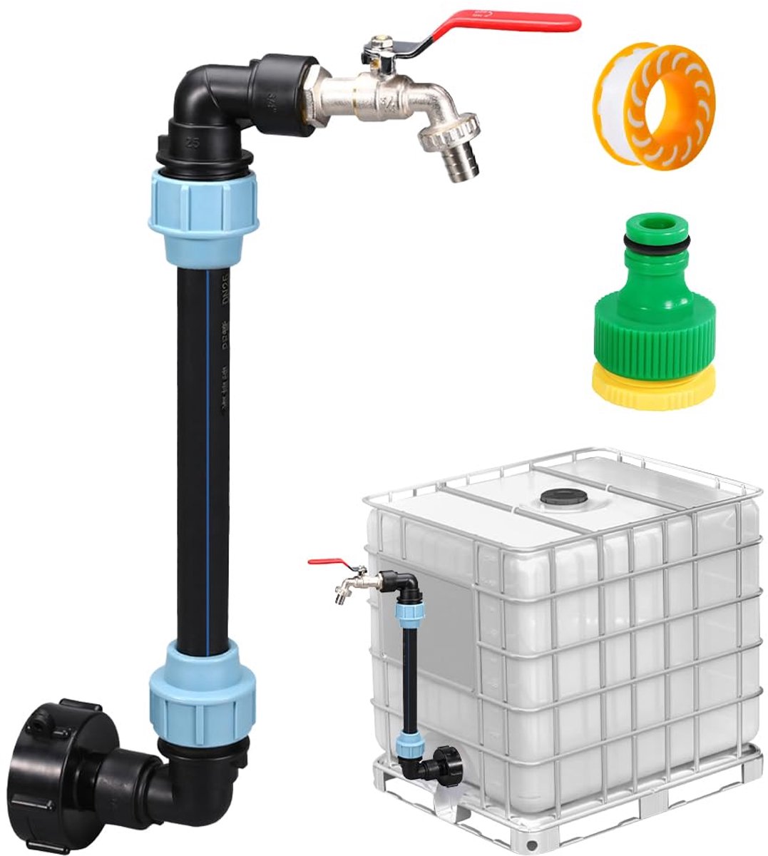 zwanenhals 3/4 inch uitloopkraan, zwanenhals uitloopkraan, IBC tank zwanenhals, IBC tank accessoires, IBC-adapter met zwanenhals messing kraan voor regenwatertank watervat IBC-container
