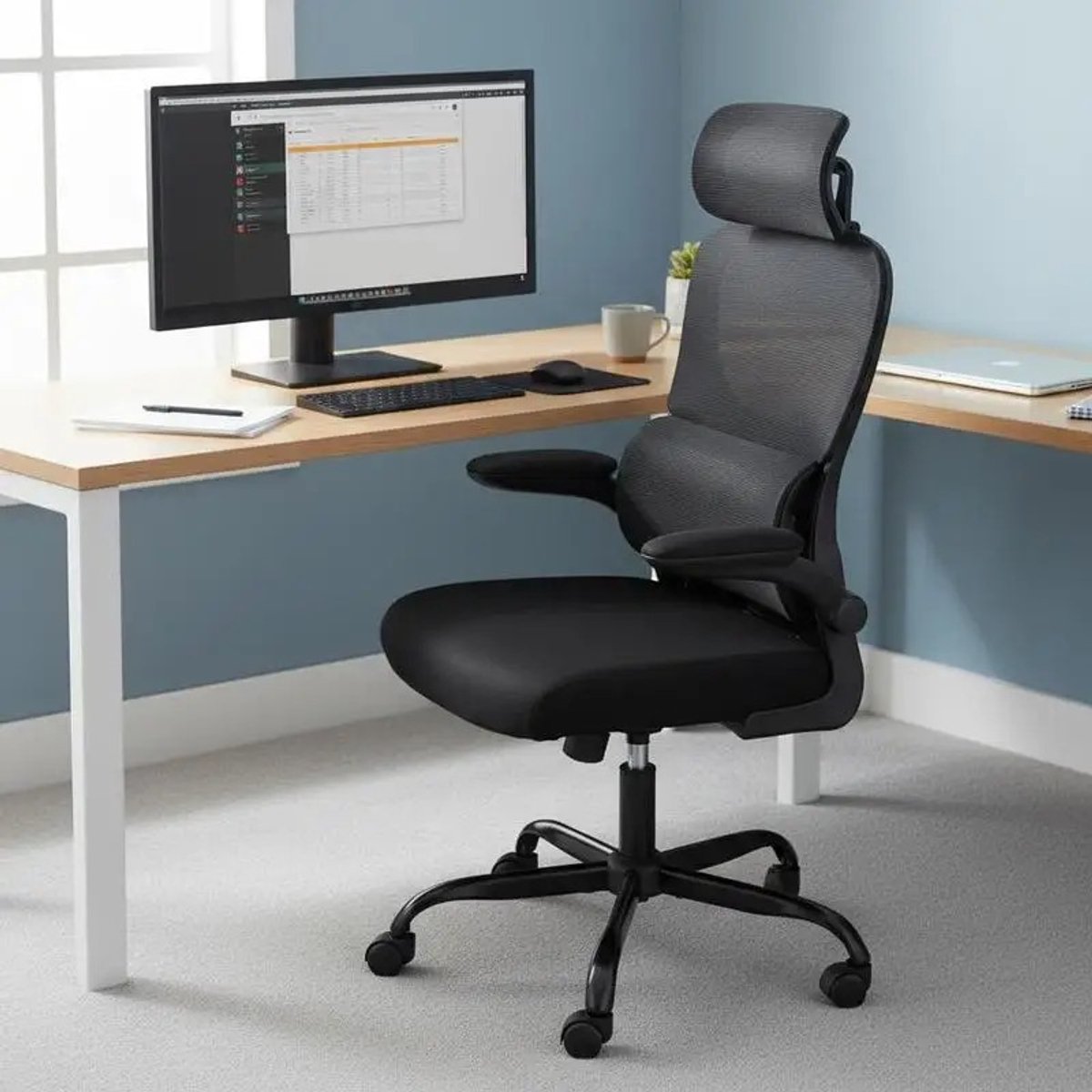 Dailygoods Ergonomische bureaustoel, bureaustoel met hoge rugleuning en lendensteun, verstelbare hoofdsteun en opklapbar