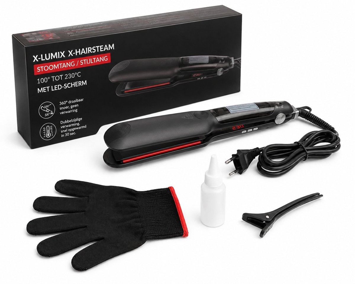 X-Lumix X-Hairsteam Stoomtang – Professionele Stijltang met LED Display – Ultrasone Stoomtechnologie – 100-230°C – Zwart
