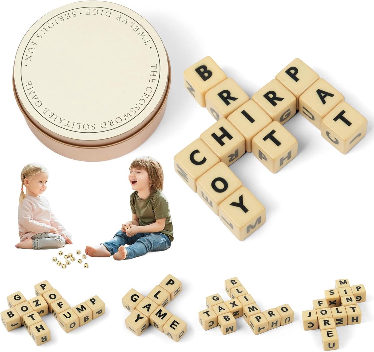 Kruiswoordpuzzel-solitaire dobbelspel, alfabetspelling, reiskrabber met hoes, educatief spel voor gezinnen, verpakking in ijzeren doos