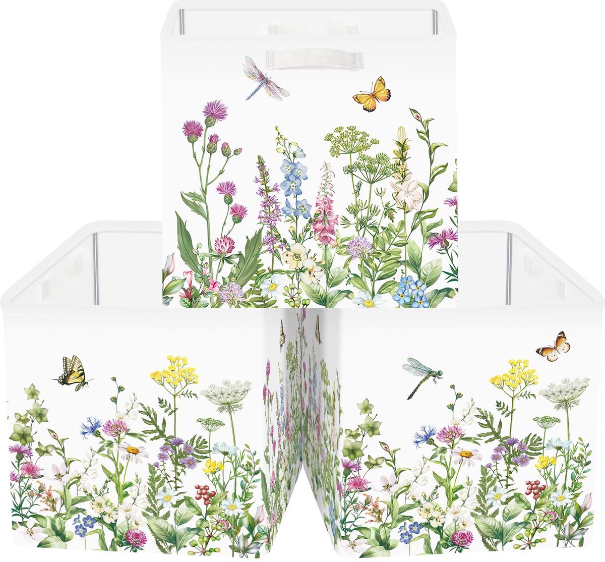 Set van 3 Opbergdozen Wilde Bloemen Opbergkubussen voor Kast Opvouwbaar Kleding Mand Speelgoedkist en Boeken voor Slaapkamer,Groen,30x30x30 cm