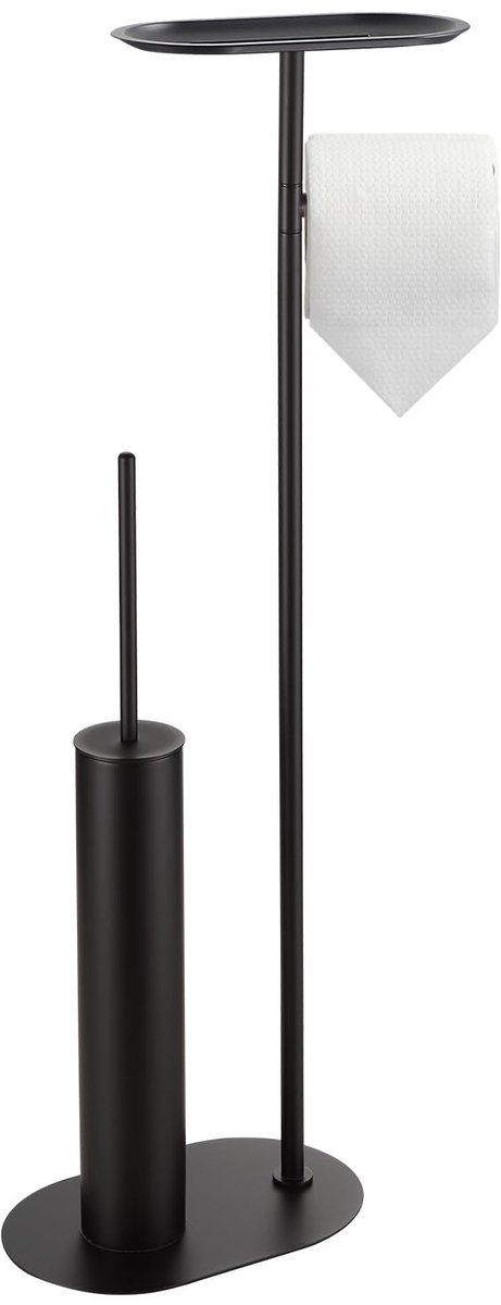 Vrijstaande toiletborstelset met lang roestvrij staal, zwart, wc-borstel en toiletborstel met toiletpapierhouder, 3-in-1 set met plank, modern design