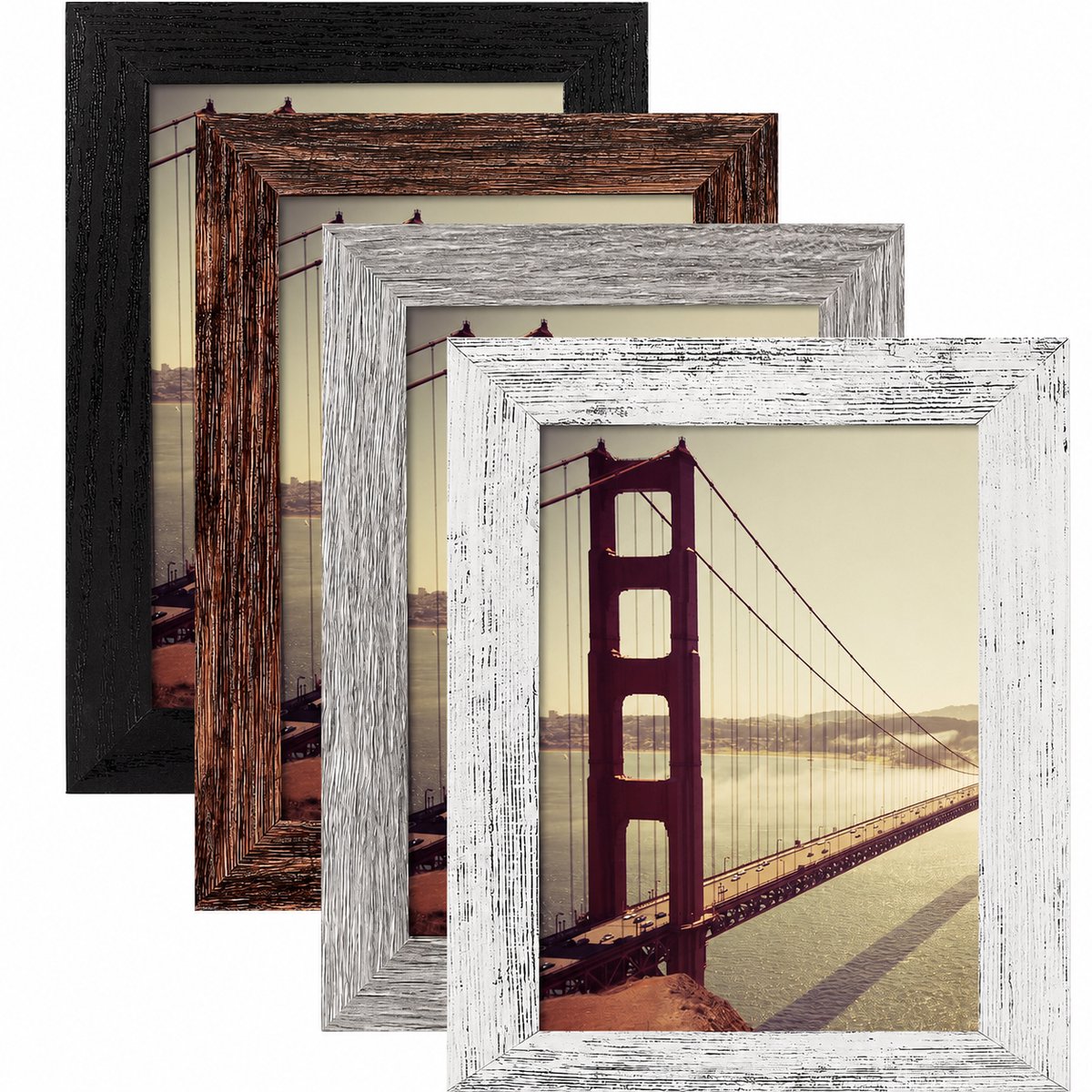 Tolvia Fotolijst Set - 4 stuks - 10 x 15 cm Fotolijsten - Met Passe-partout voor 9 x 12.5 cm - Landelijke Houtlook - Multikleur