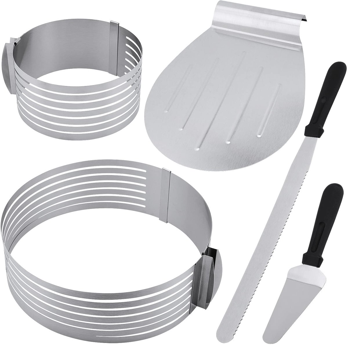 Set van 5 verstelbare taartringen, 2 maten taartringen van roestvrij staal met taartredder, strijkspatel en taartsnijder, bakbenodigdheden voor taarten, 23-30cm/15-20cm
