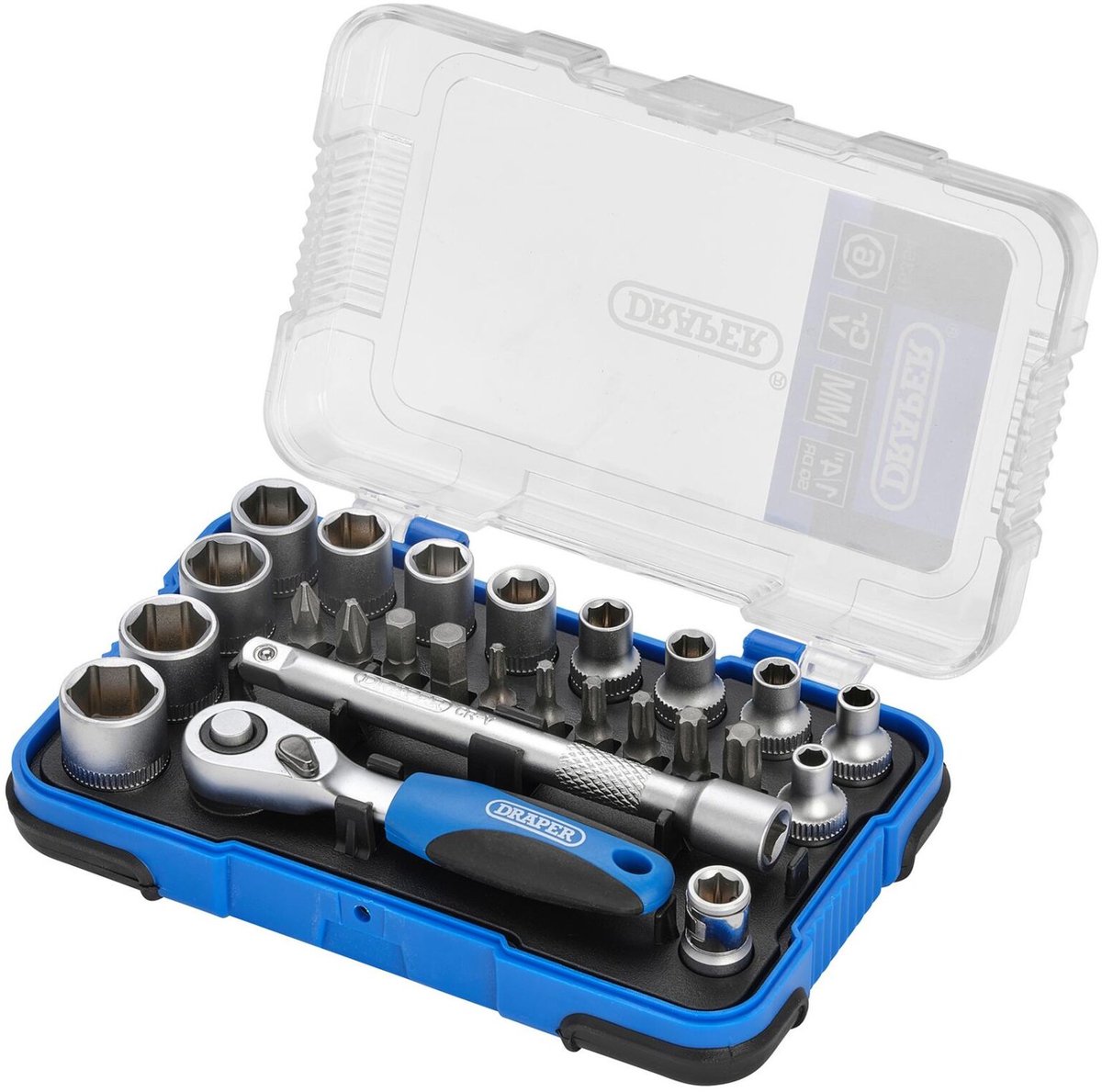 Draper 1/4" Doppenset met soft grip ratel en bits, 25-delig