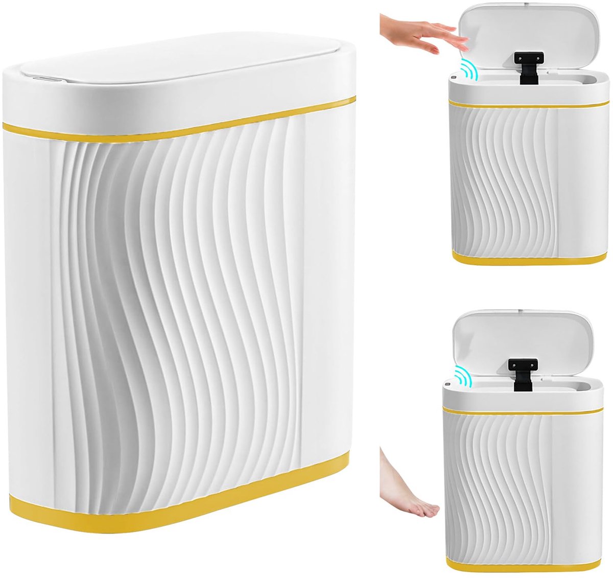 vuilnisemmer, 8 liter, contactloze vuilnisemmer voor badkamer, vuilnisemmer voor in de keuken met deksel, vuilnisemmer, kantoor, geen geluid, waterdichte vuilnisemmer, sensor (wit phnom