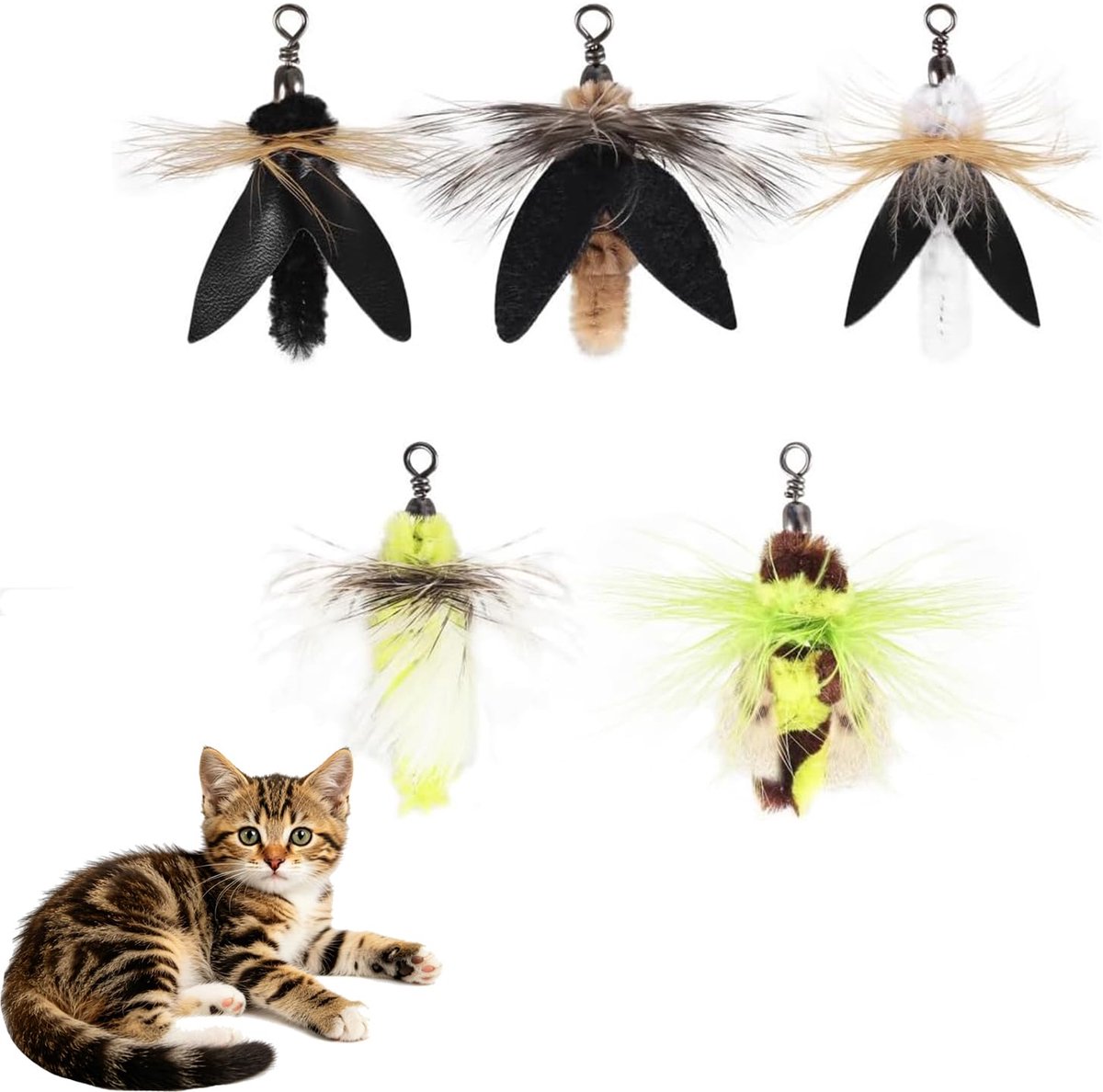 5 stuks veerspeelgoed, speelgoed voor katten, interactief kattenveerspeelgoed, vervangend speelgoed voor kattenveer, bevordert de fysieke activiteit (hengel niet inbegrepen)