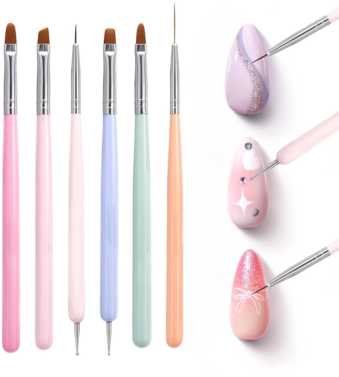 Nagelkunstkwast, 6 stuks uv-gelkwast, gelnagels, nail art, professionele kwastenset, nageldesignkwast, nagelkwast voor acrylpoeder, acrylkwast voor nagels, maat 8/10/15
