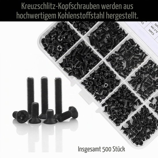 500 stuks M2/M2,5/M3 kruiskopschroeven voor laptop, zwarte pc schroevenset met kruiskopschroevendraaier en pincet, geschikt voor Dell, HP, Lenovo, Apple MacBook, Asus, Samsung — afbeelding 3