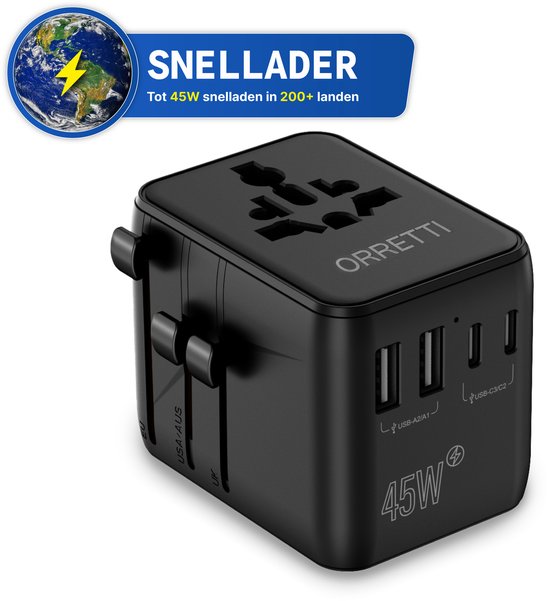 Orretti Wereldstekker - Reisstekker - 45W Snelladen - 3x USB-C & 2x USB-A - 200+ Landen - Reisadapter