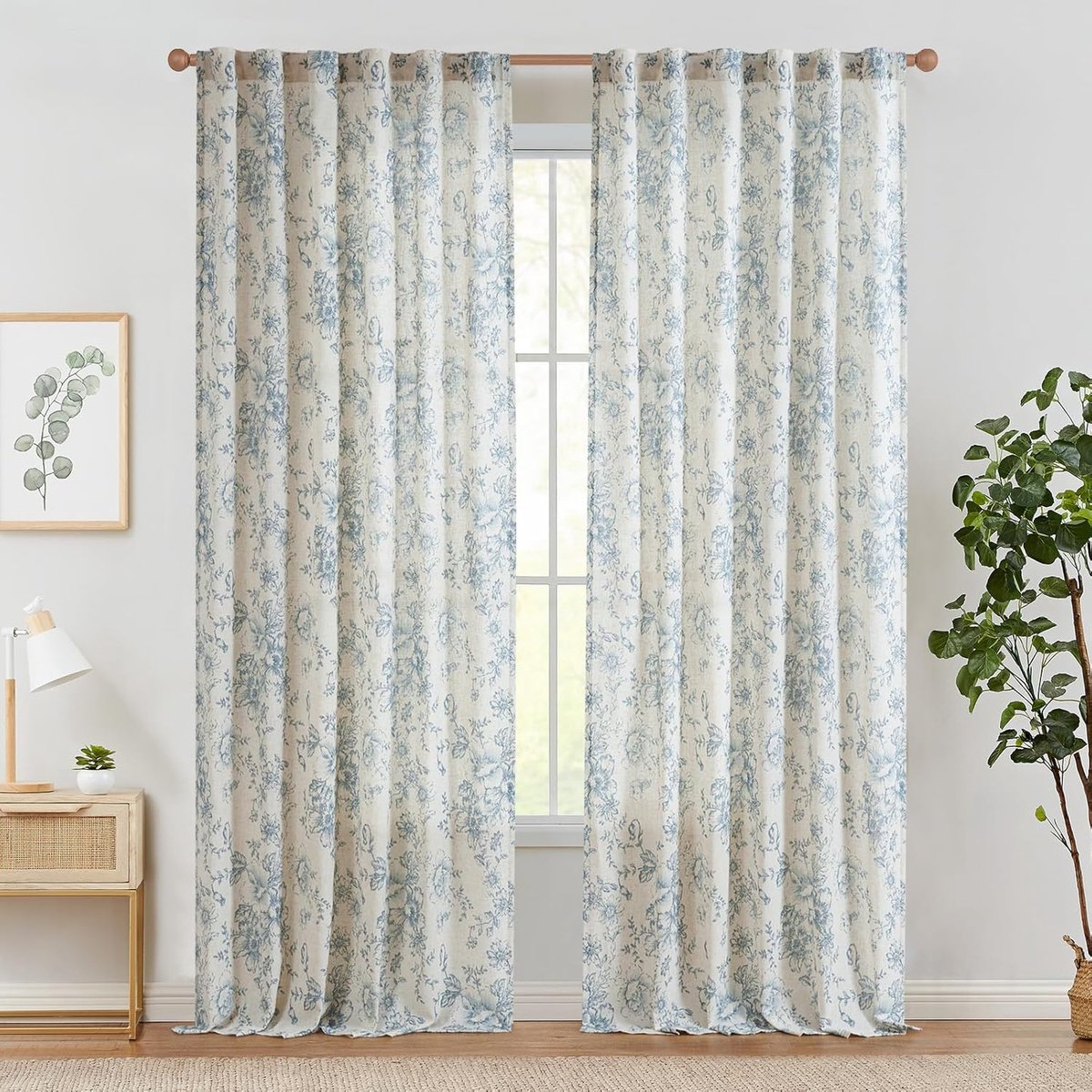 Linnengordijnen, bloemmotieven met plooiband, lichtdoorlatend, boerderij, lange gordijnen, raamsjaal voor woonkamer, slaapkamer, raam, set van 2, 140 x 245 H (cm), blauw op beige