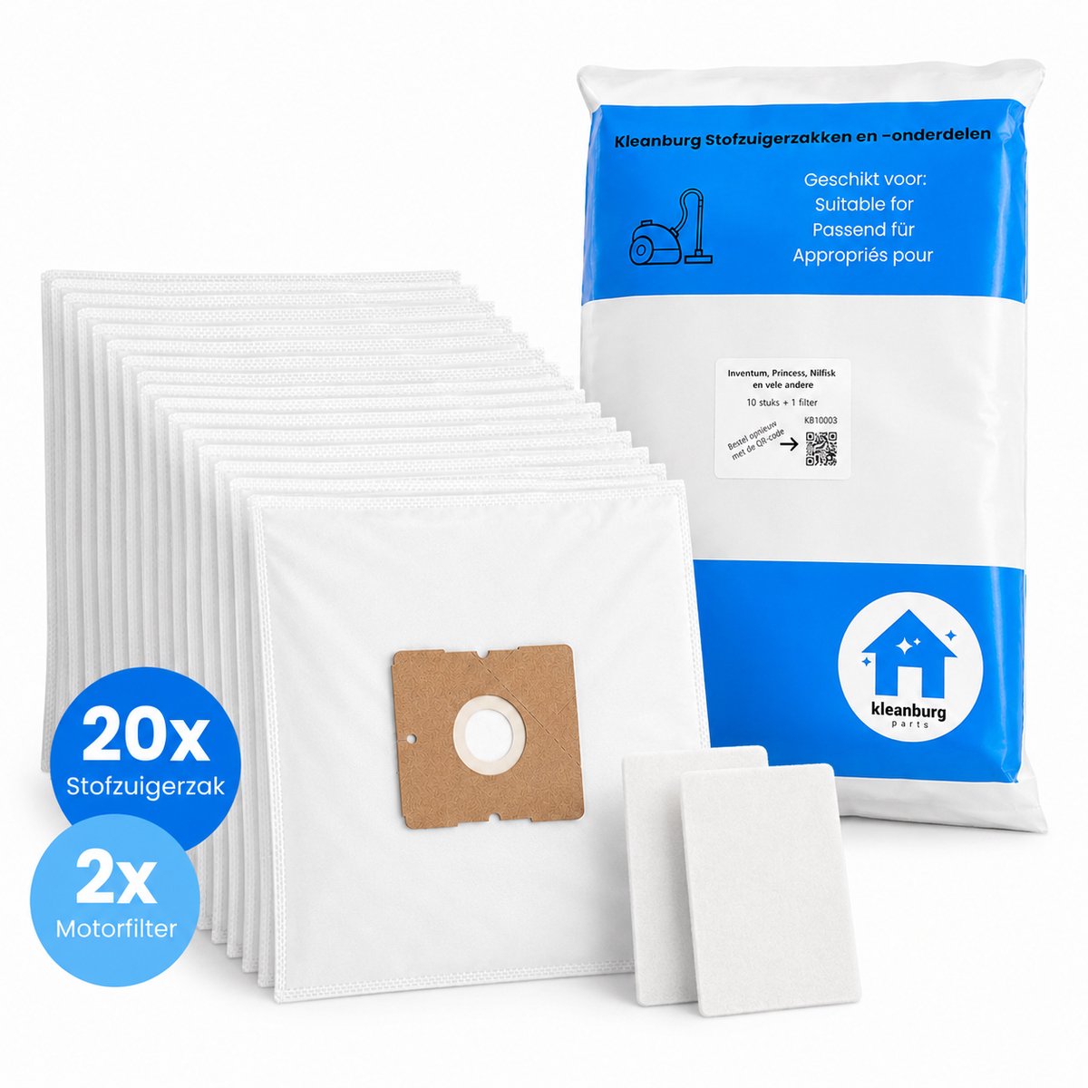 Kleanburg stofzuigerzakken geschikt voor Nilfisk Coupe en Nilfisk One | 20 stuks + 2 motorfilters | Microfiber stofzakken