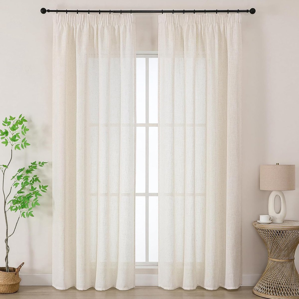 Vitrages van Natuurlijk Linnen met Plooiband voor Rails 140B x 225H cm，2 stuks – Wit Semi-transparant (225 cm lang) voor Woonkamer & Slaapkamer
