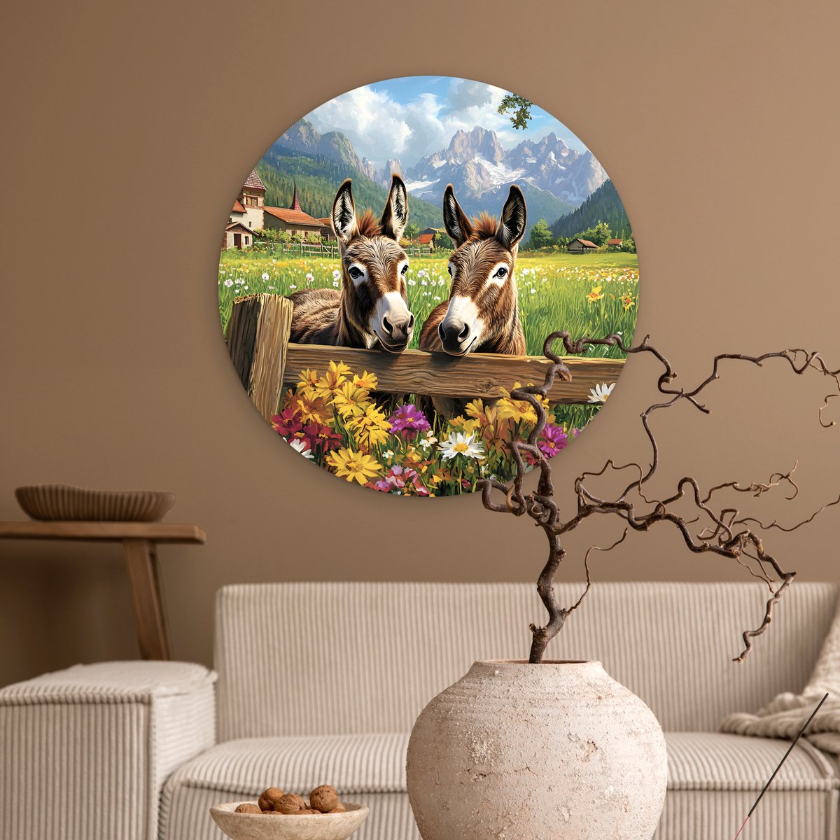 WallCircle® Wandcirkel 60x60 cm - Muurcirkel Ezels - Bloemen - Zomers - Muurdecoratie woonkamer - Wanddecoratie slaapkamer - Kamer decoratie accessoires - Ronde schilderijen