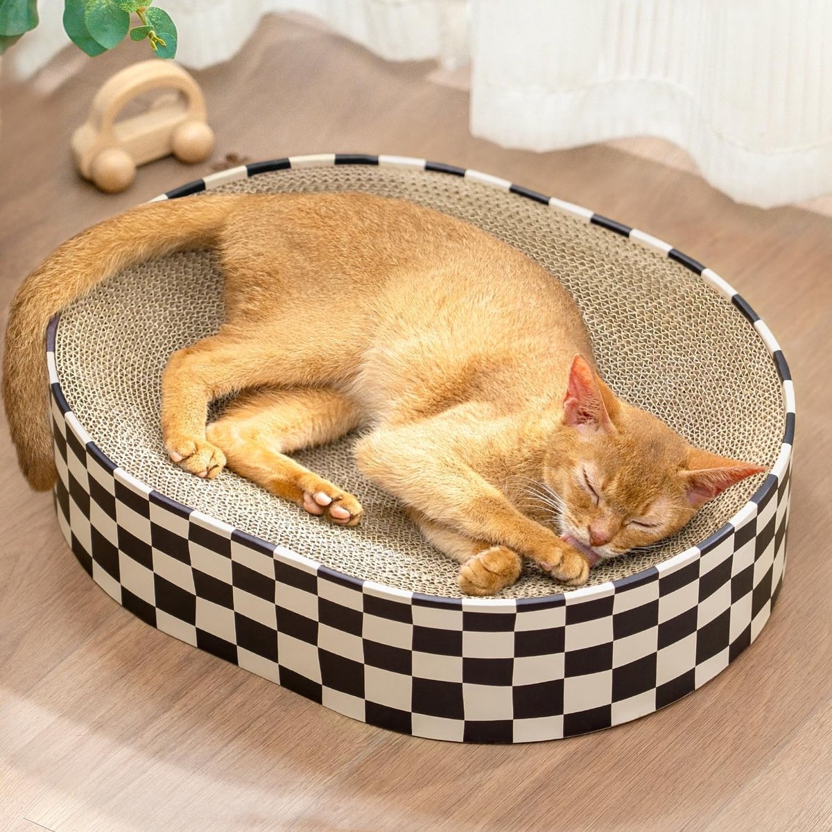 Kattenkrabpaal van karton, 2-in-1 ovale kattenkrabpaal voor binnenkatten om hun nagels te slijpen, ronde krabpaal, golfkartonnen ligplaats, bescherming voor meubels, banken en tapijten