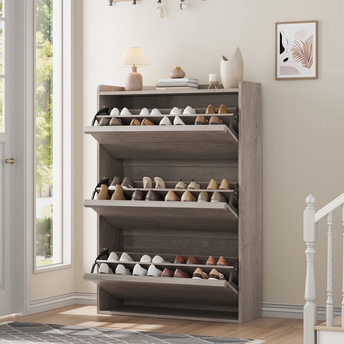 Hoge Schoenenkast 3 Kleppen Voor 18-24 Paar Schoenen - 80x26x117cm - Schoenenrek Smal - Schoenenmeubel Hout - Verstelbare Planken - Minimalistisch - Ruimtebesparend - Voor Hal Woonkamer - Grijs