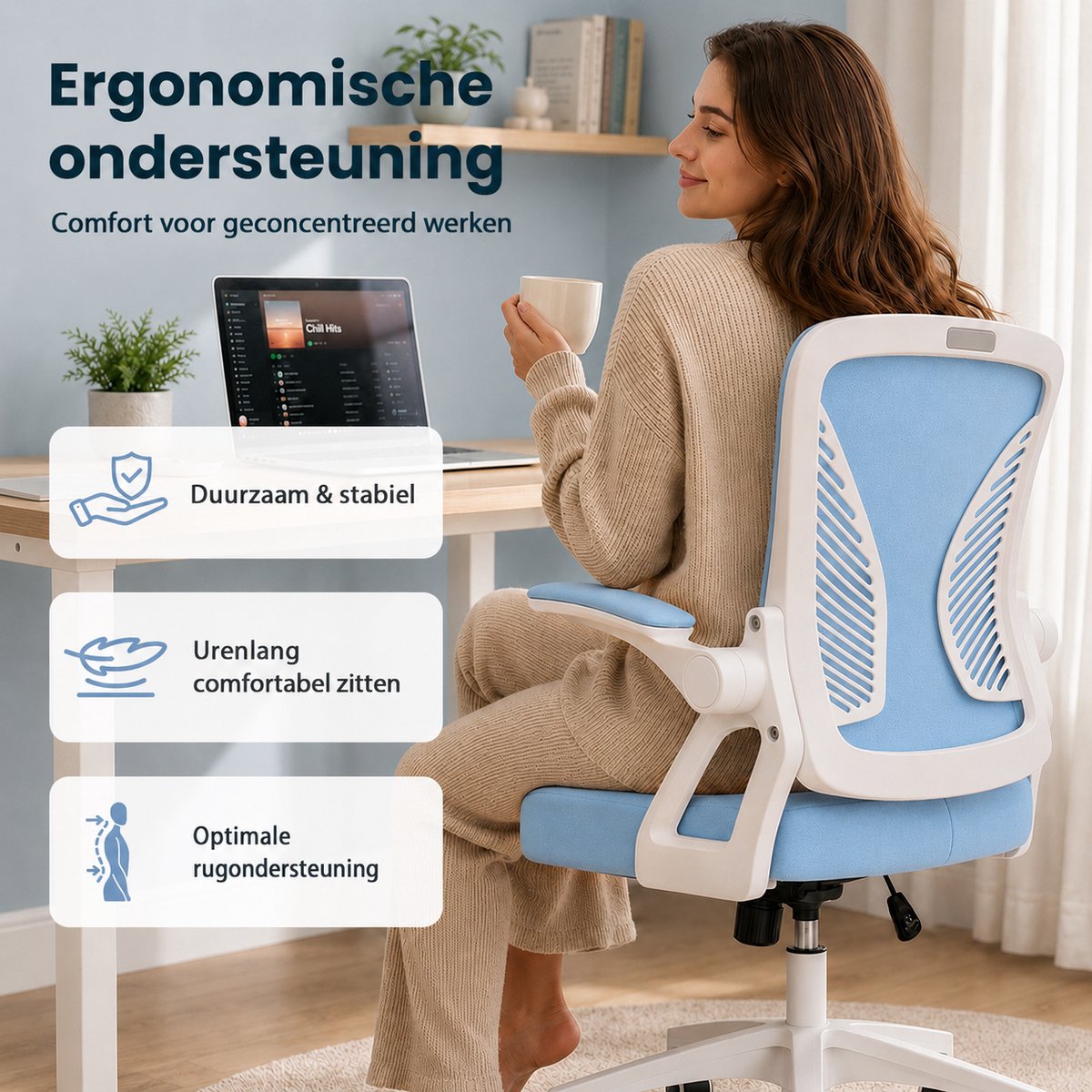 Milacyee Bureaustoel - Ergonomische Bureaustoel – Verstelbare Gaming/Computerstoel met Mesh Rug & Lendensteun – 90° Opklapbare Armleuningen – Directiestoel met Stille Wieltjes – Tot 130 kg Belasting - blauw - Geschikt voor thuiswerk en kantoor – foto 5