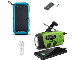 Noodradio Solar Opwindbaar en Batterij - Noodpakket - Draagbare Survival Radio - Inclusief 10.000 mAh Solar Powerbank en Noodfluit - Powerbank Zonneenergie - Bouwradio - Zaklamp - Groen