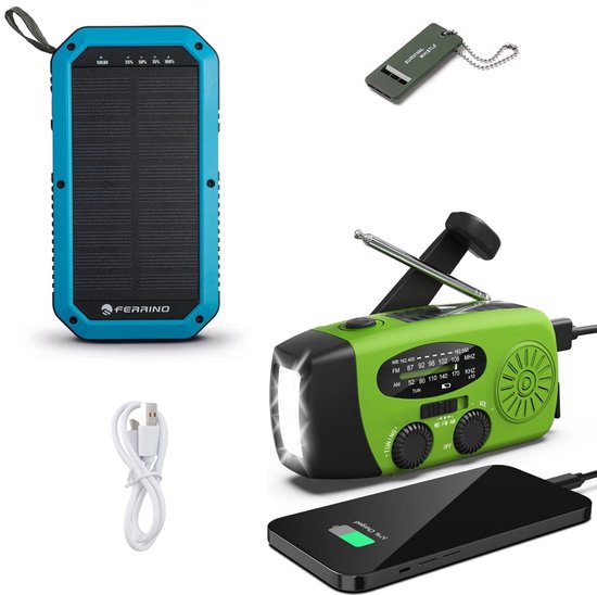Overzicht van survivalproducten: blauwe powerbank met zonnepaneel, groene radio met lampje, fluitje, USB-kabel en aangesloten smartphone.